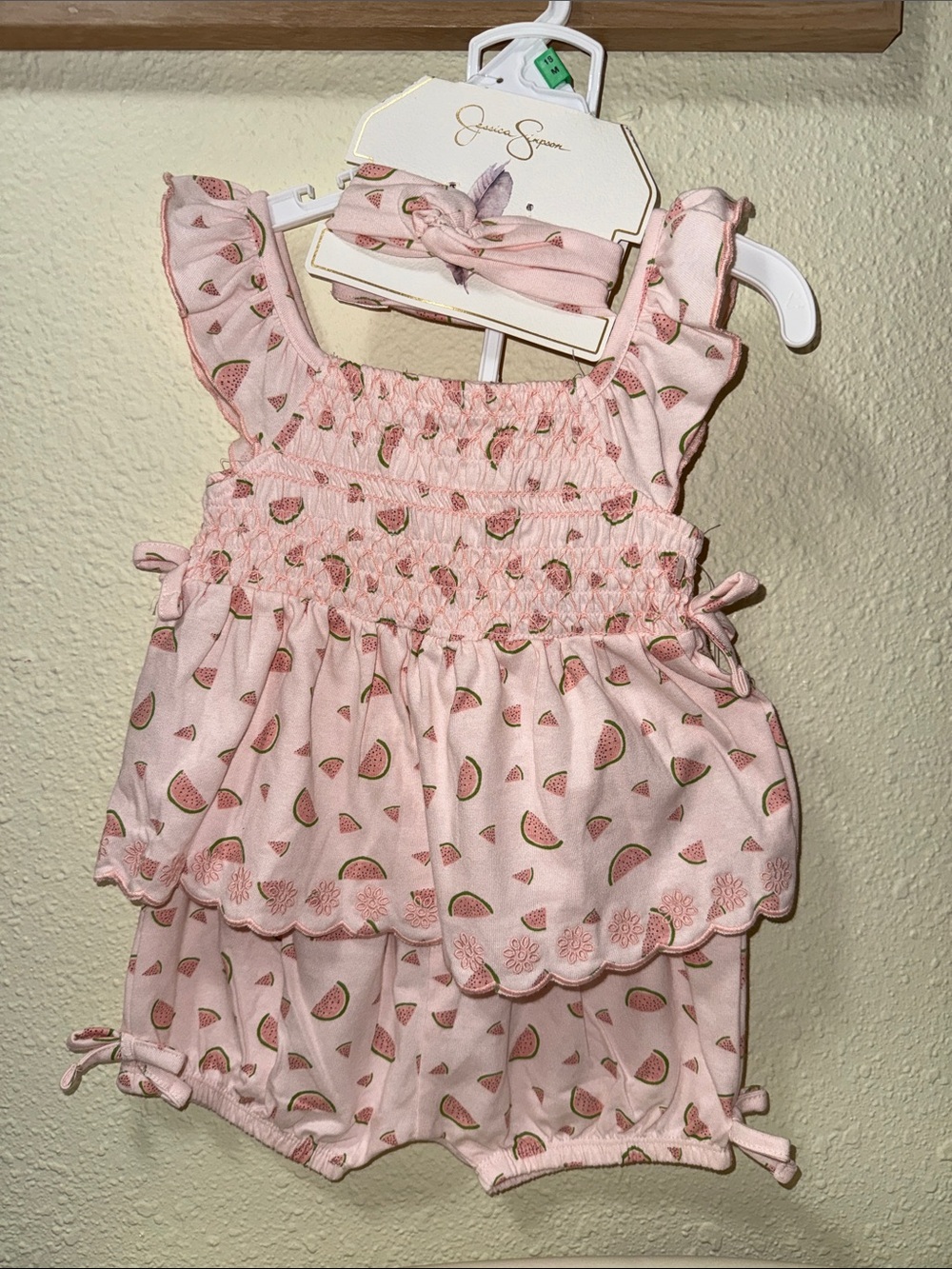 Jessica Simpson Pink Watermelon Baby Romper with Headband Set